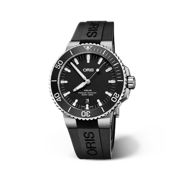 Oris Aquis Date Black Dial, 44 mm stood up to show the rubber dial and sleek dial.